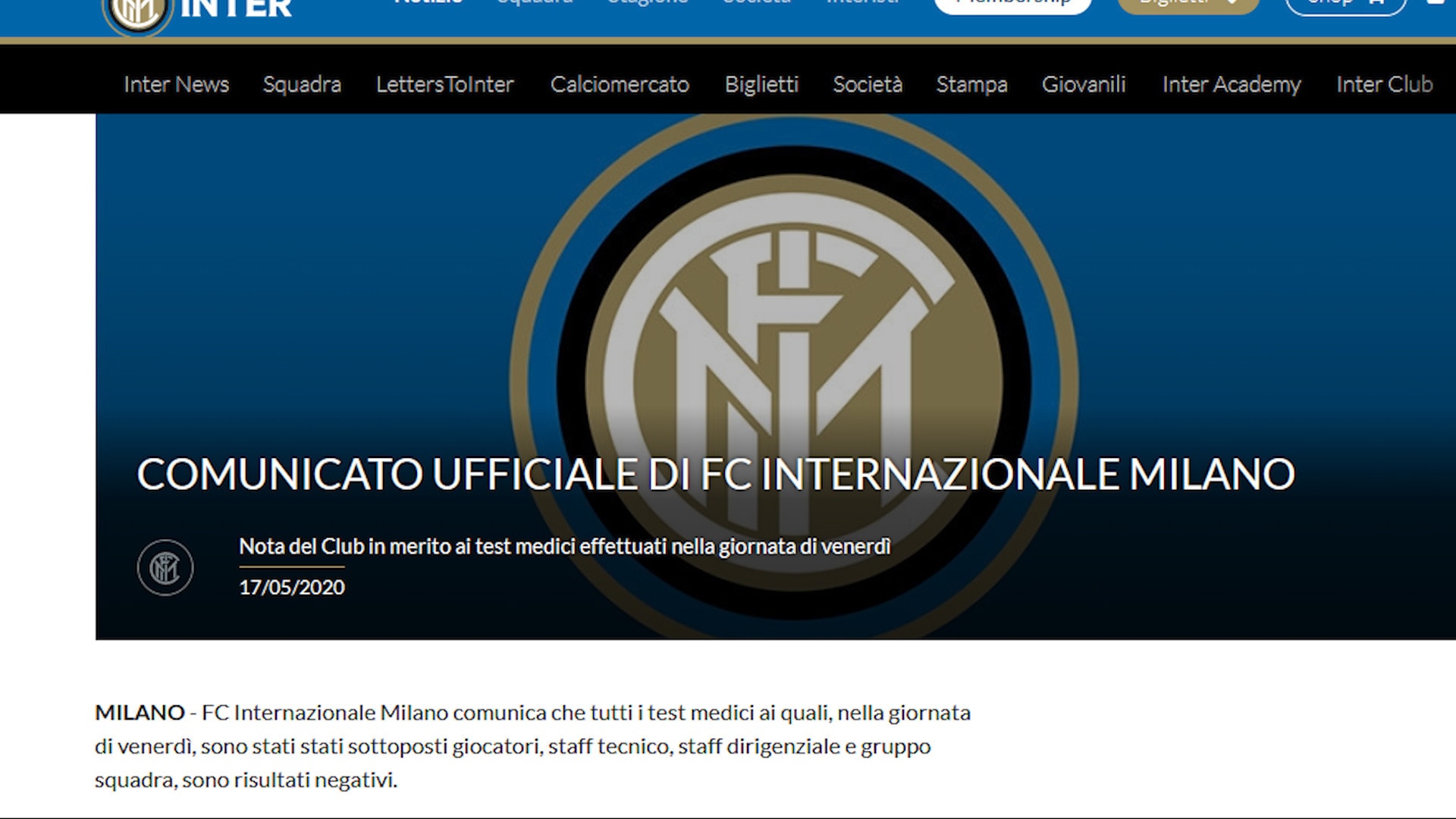 Inter, sorriso dopo i test: tutti negativi al Covid-19