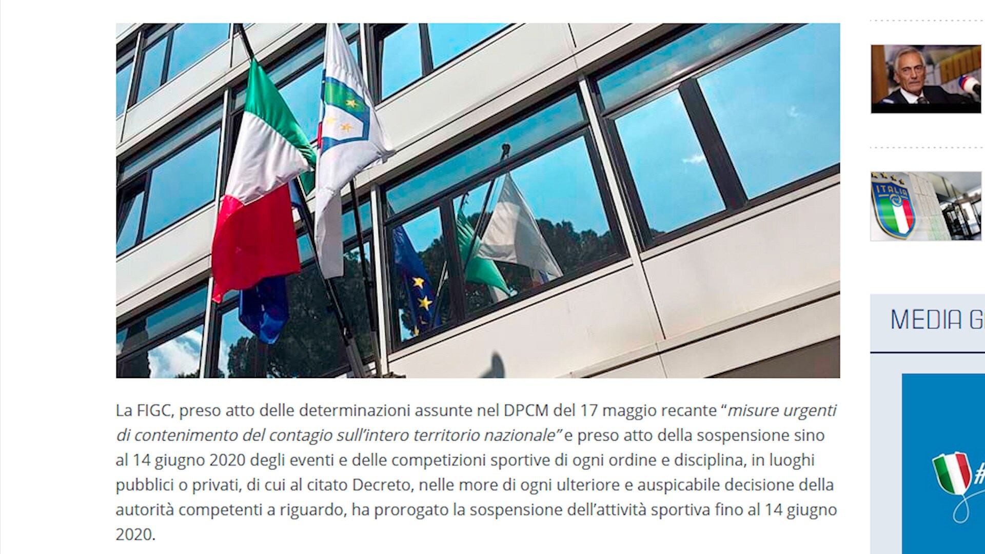 Figc, prorogata sospensione dell'attività sportiva fino al 14 giugno
