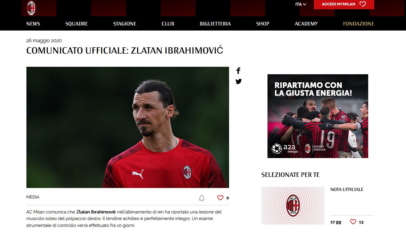 Infortunio Ibrahimovic: il tendine d'Achille non è coinvolto