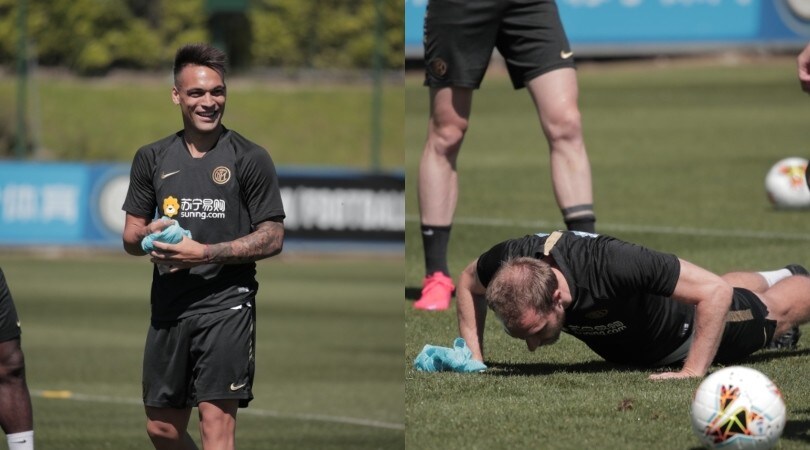 Inter, allenamento di gruppo: Lautaro Martinez si diverte, Eriksen fa i piegamenti
