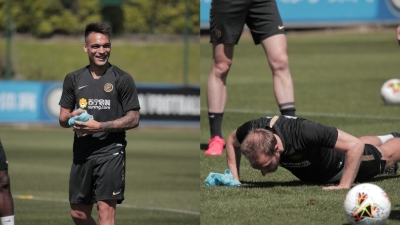 Inter, allenamento di gruppo: Lautaro Martinez si diverte, Eriksen fa i piegamenti