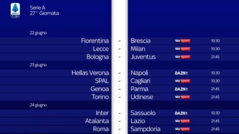 Il nuovo calendario di Serie A: la Juve sfiderà la Lazio il 20 luglio alle 21.45
