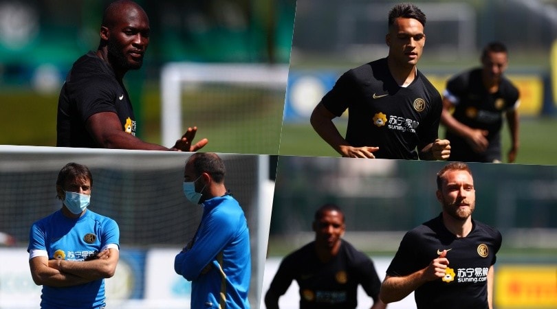 Inter, Conte guida Lukaku e Lautaro con la mascherina