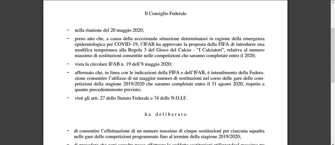 Figc, ok alle 5 sostituzioni per squadra