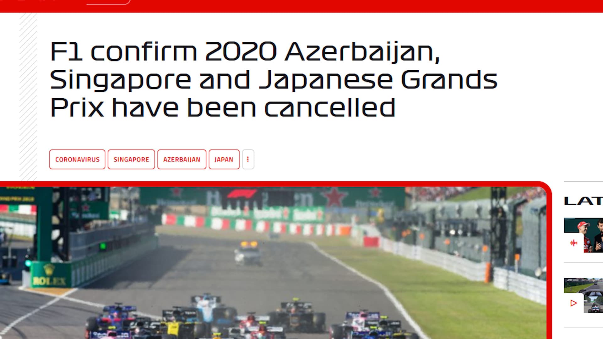 F1: saltano i GP di Azerbaigian, Singapore e Giappone