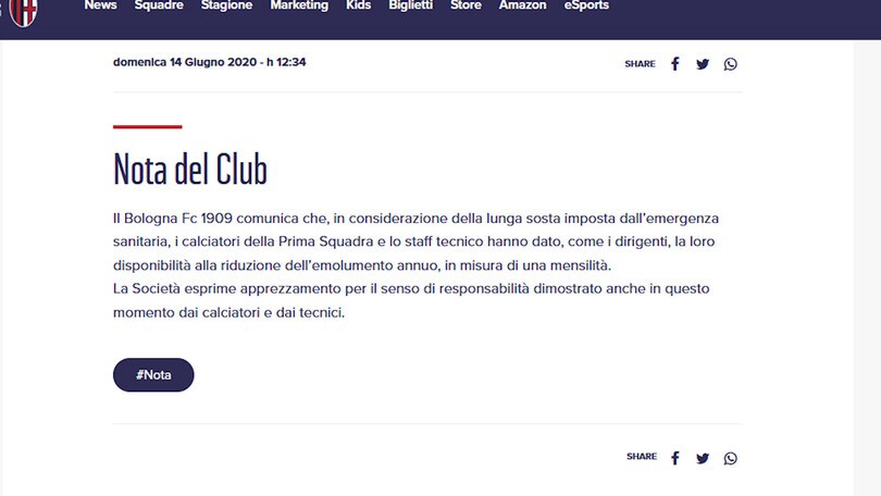 Bologna, tagliato un mese di stipendio a giocatori e staff