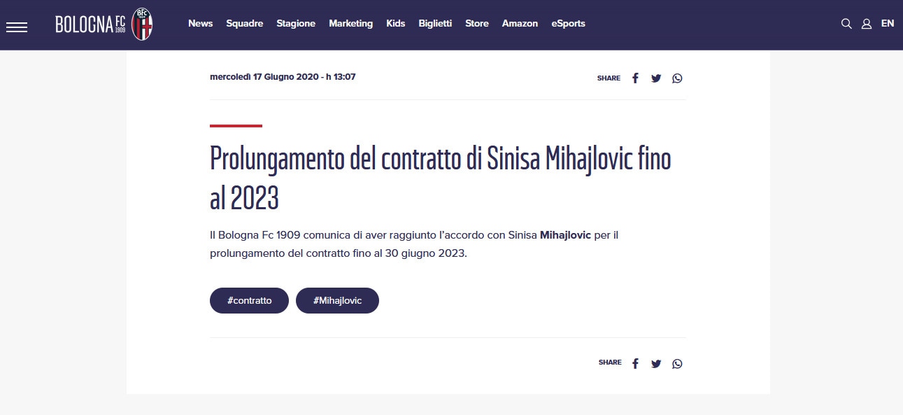 Bologna, Mihajlovic prolunga il contratto fino al 2023