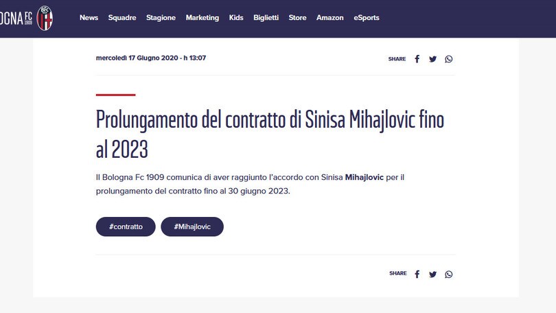 Bologna, Mihajlovic prolunga il contratto fino al 2023
