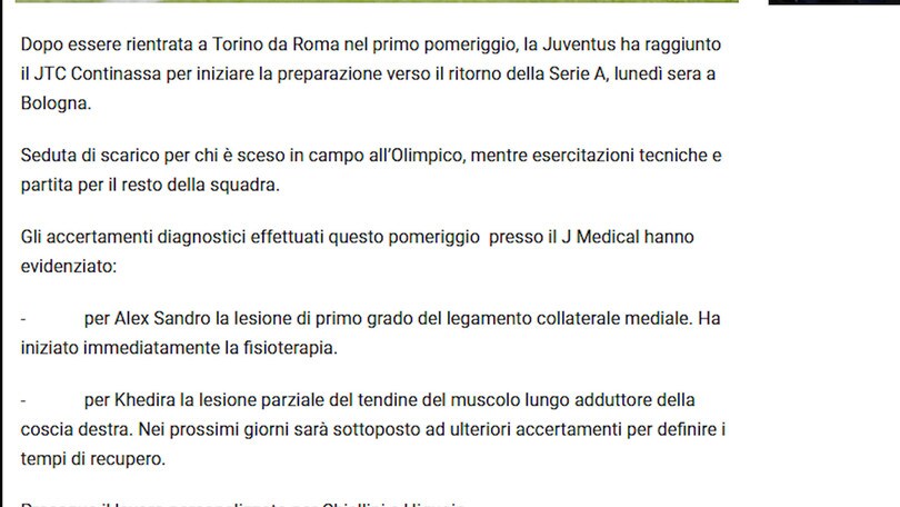Juve, altra tegola per Sarri: si fermano Alex Sandro e Khedira
