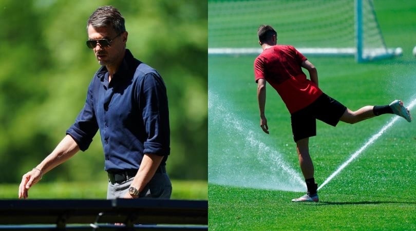 Milan, c'è buon umore: Daniel Maldini gioca con l'acqua sotto gli occhi di Paolo