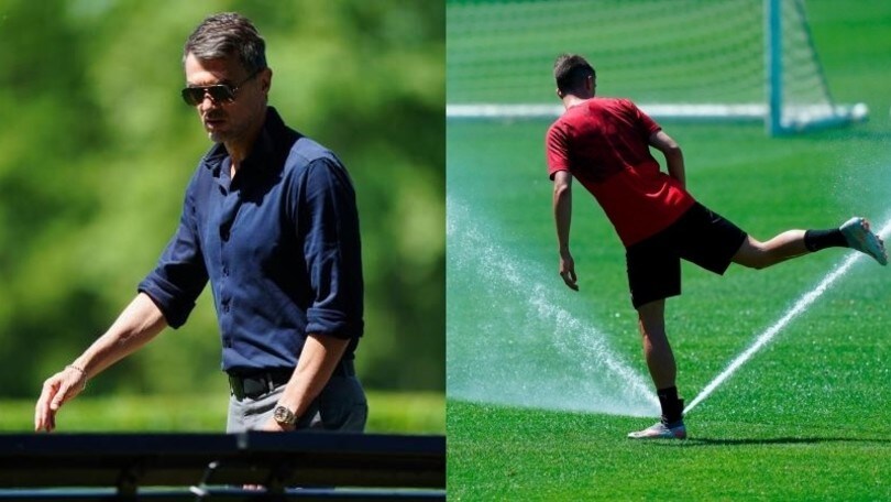 Milan, c'è buon umore: Daniel Maldini gioca con l'acqua sotto gli occhi di Paolo