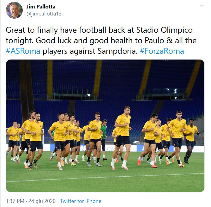 Roma: l'augurio di Pallotta in vista della Samp