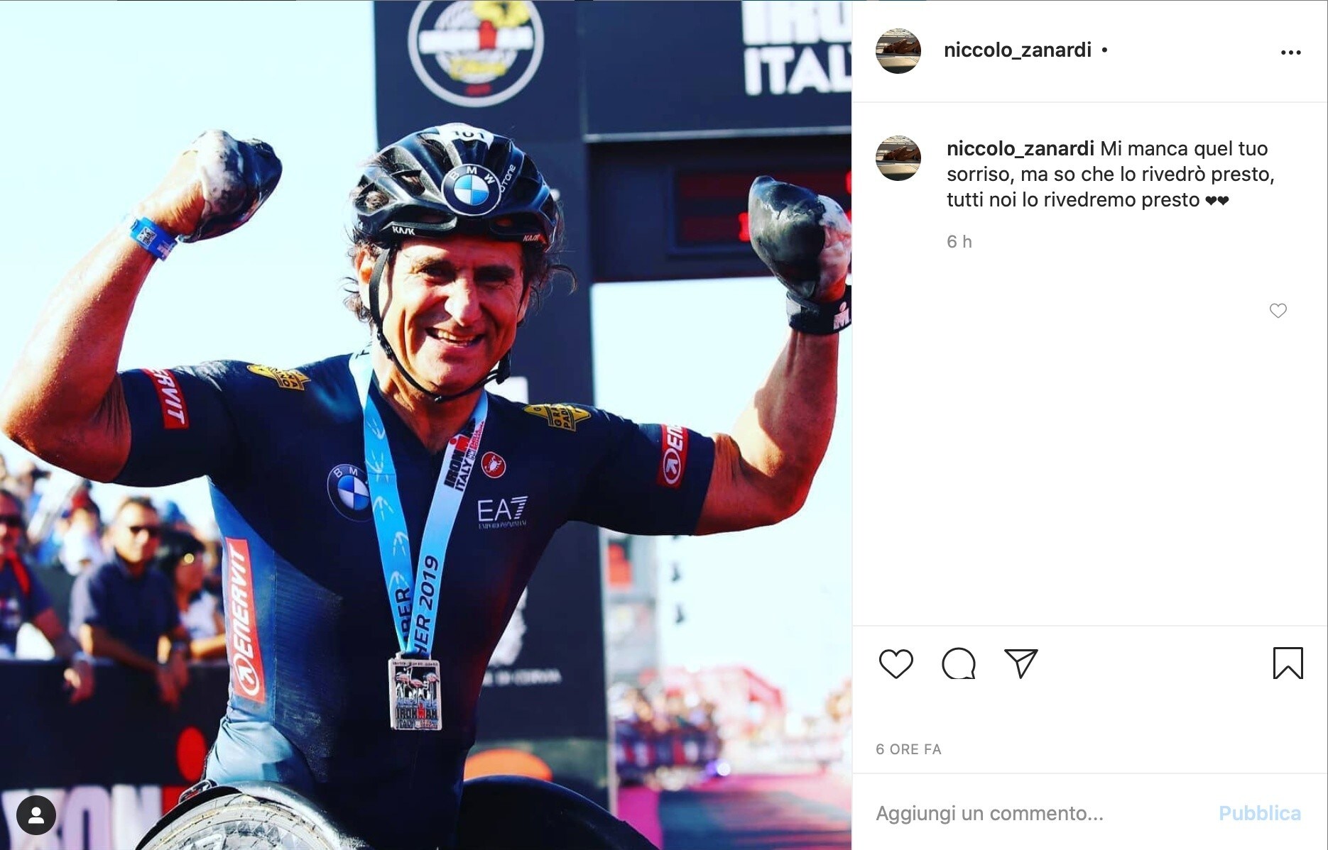 Zanardi, il figlio: "Mi manca quel tuo sorriso, so che presto lo rivedremo"