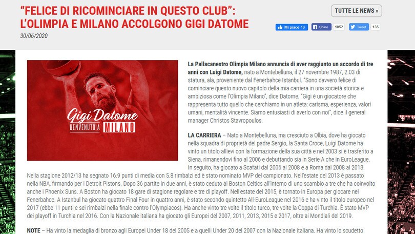 Basket, Datome è un nuovo membro dell' Olimpia Milano