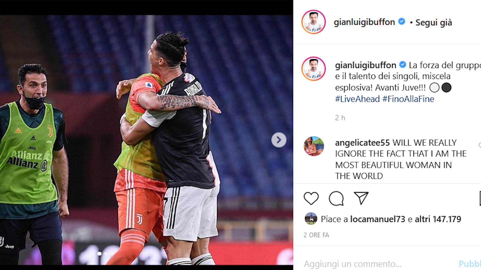 Juve, Buffon "festeggia" sui social la vittoria con il Genoa