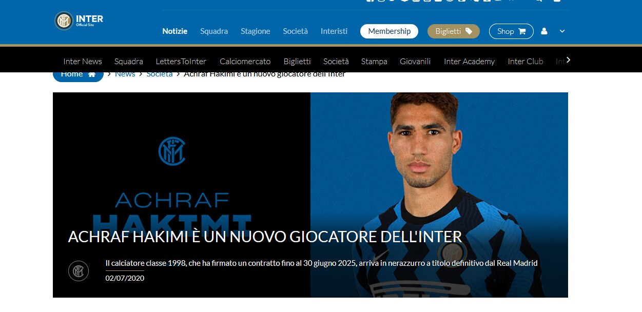 Ufficiale: Hakimi nuovo acquisto dell'Inter