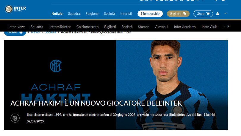 Ufficiale: Hakimi nuovo acquisto dell'Inter