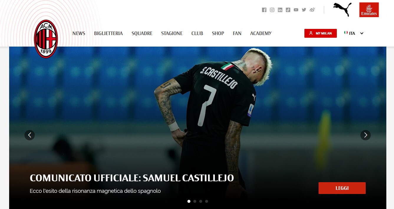 Milan, infortunio muscolare per Castillejo