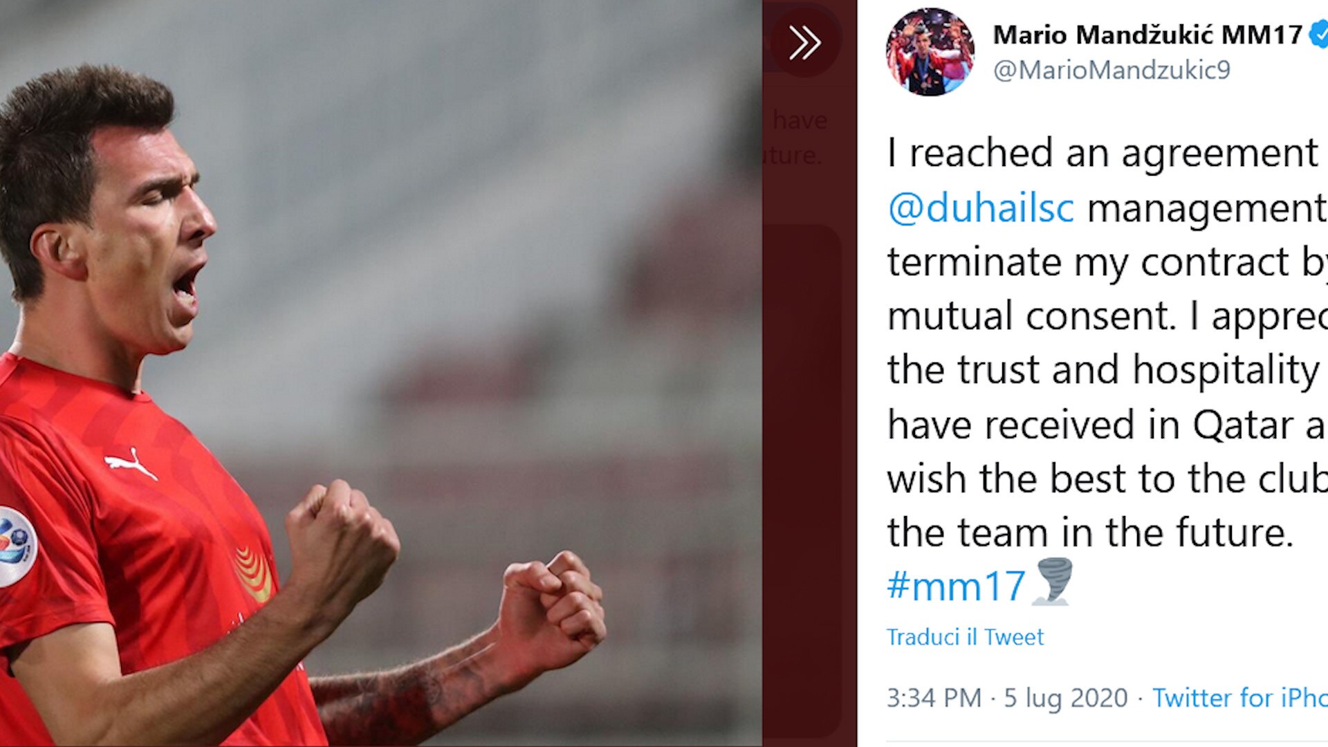 Ufficiale: Mandzukic lascia l'Al Duhail