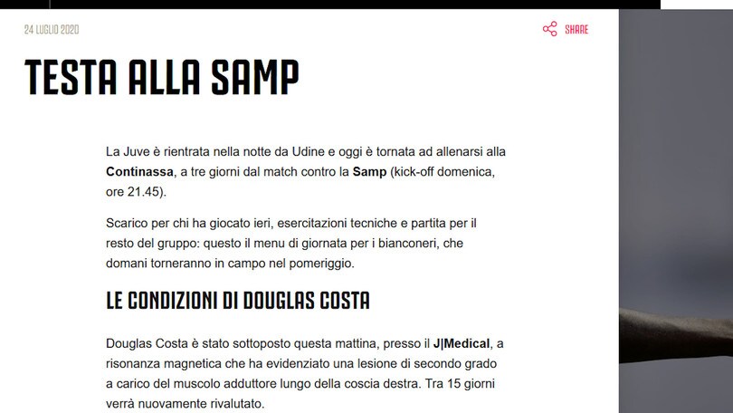 Juve, campionato finito per Douglas Costa: lesione di secondo grado