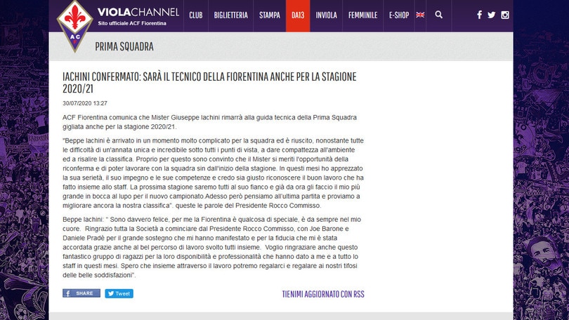 Fiorentina: Iachini confermato per la prossima stagione
