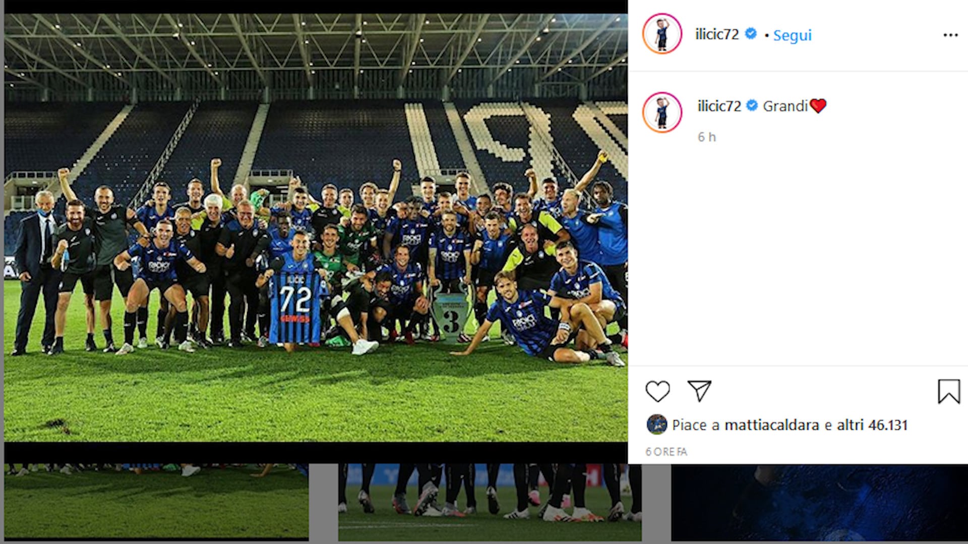 Atalanta, ecco Ilicic: lo sloveno ringrazia i compagni su Instagram
