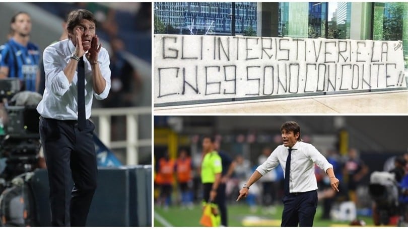 Tifosi Inter con Conte: striscione della Nord sotto la sede del club