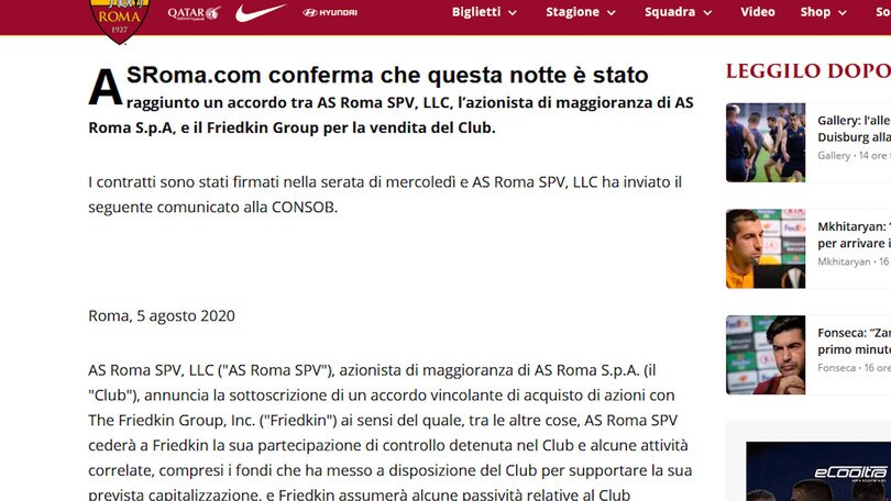Ufficiale, la Roma cambia proprietà: da Pallotta a Friedkin