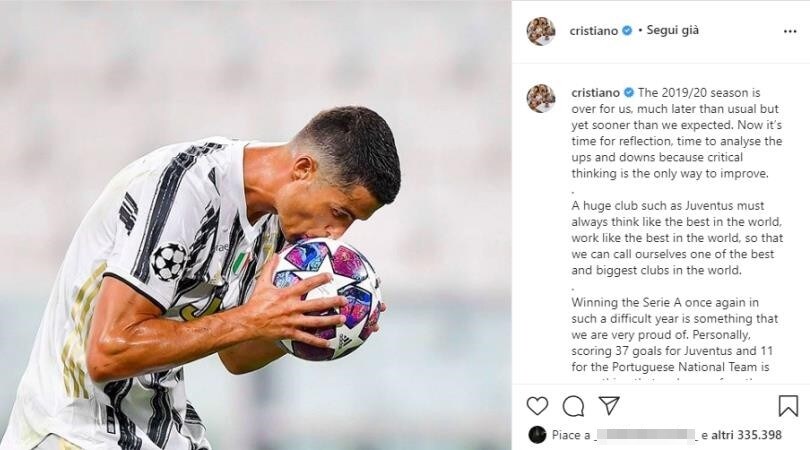 Cristiano Ronaldo, lungo post sulla Juve senza citare mai Sarri