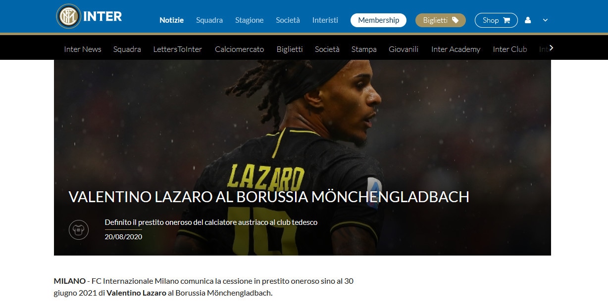 Inter, Lazaro in prestito al Borussia Monchengladbach