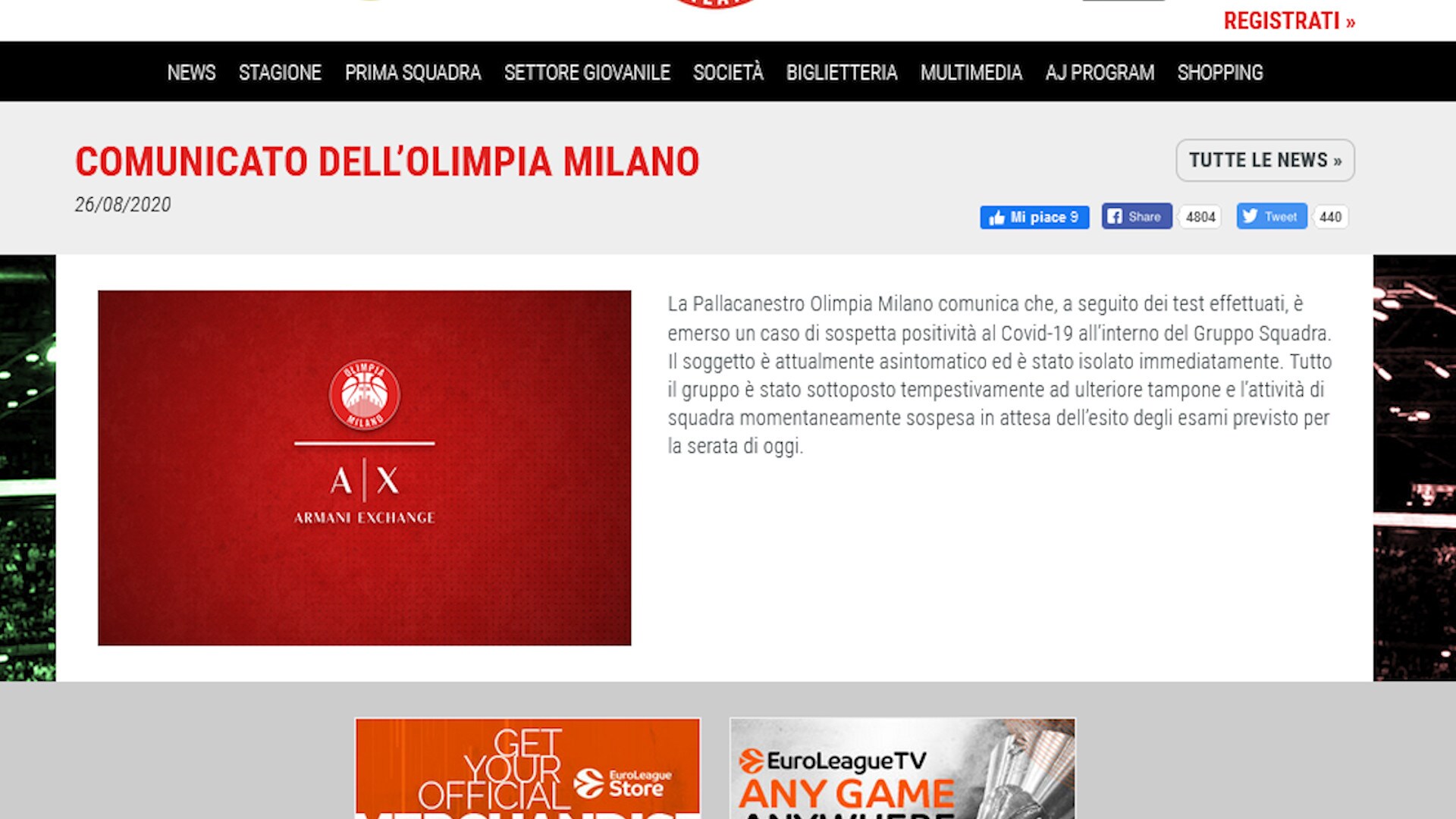Basket, Olimpia Milano: caso sospetto di Covid-19