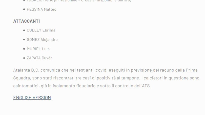 Atalanta, 3 casi di Covid-19 tra i calciatori