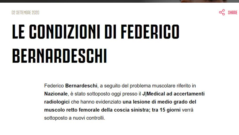 Juventus, nell'esordio con la Samp assente Bernardeschi?