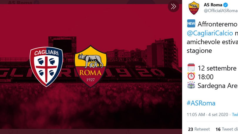Roma, il 12 settembre amichevole con il Cagliari