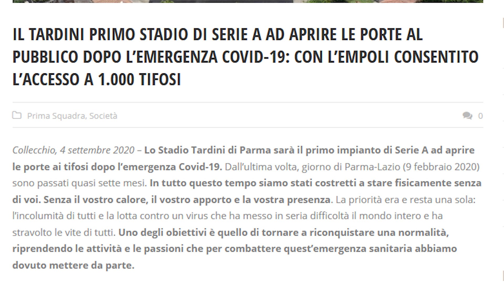 Parma, il "Tardini" apre a 1000 tifosi