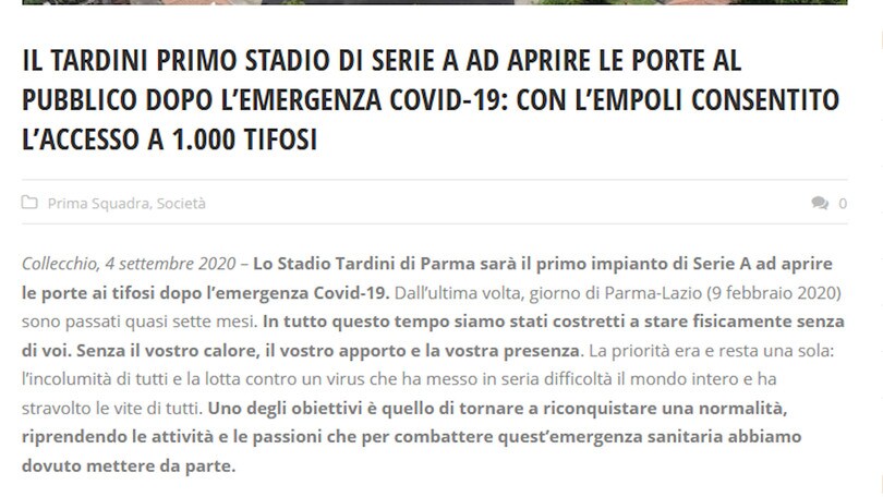 Parma, il "Tardini" apre a 1000 tifosi