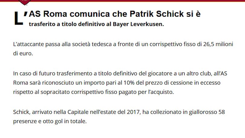 Roma, ufficiale: Schick è del Bayer Leverkusen
