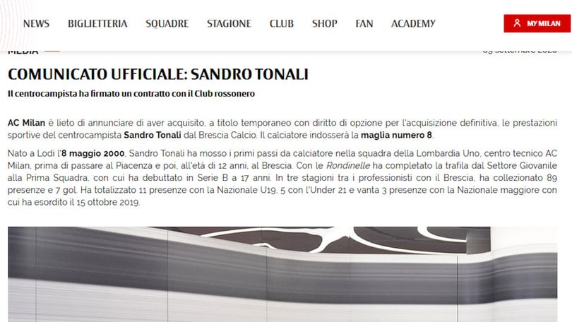 Milan, ufficiale l'arrivo di Tonali