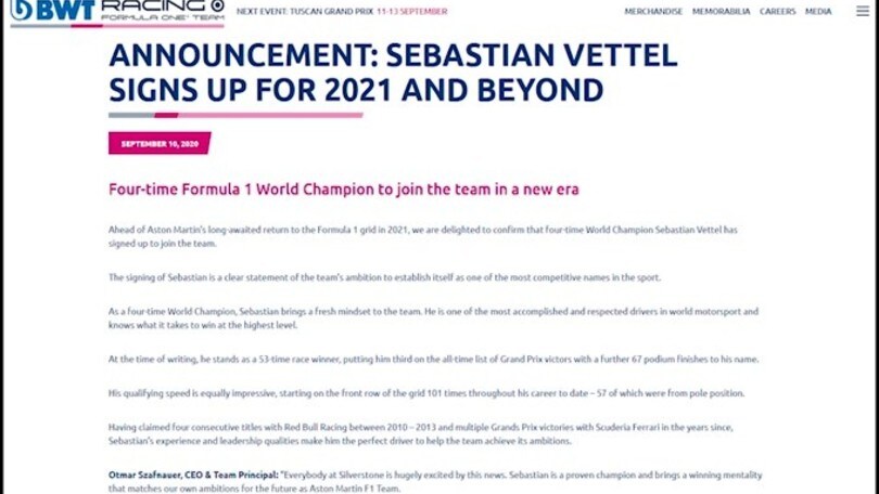 Ufficiale: Vettel pilota della Aston Martin per il 2021