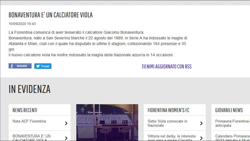 Fiorentina, ufficiale: Bonaventura è un giocatore viola