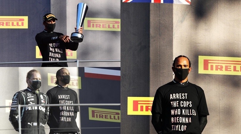Hamilton sul podio con una maglia speciale: "Arrestate i poliziotti che hanno ucciso Taylor"