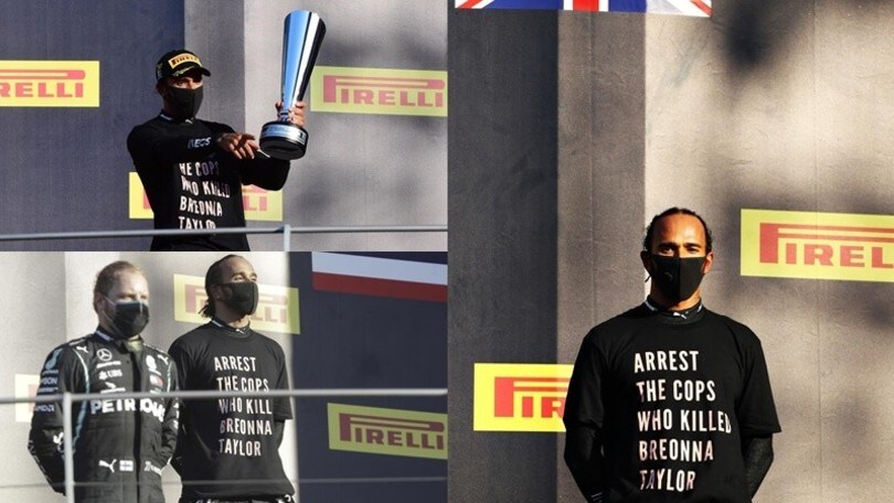 Hamilton sul podio con una maglia speciale: "Arrestate i poliziotti che hanno ucciso Taylor"