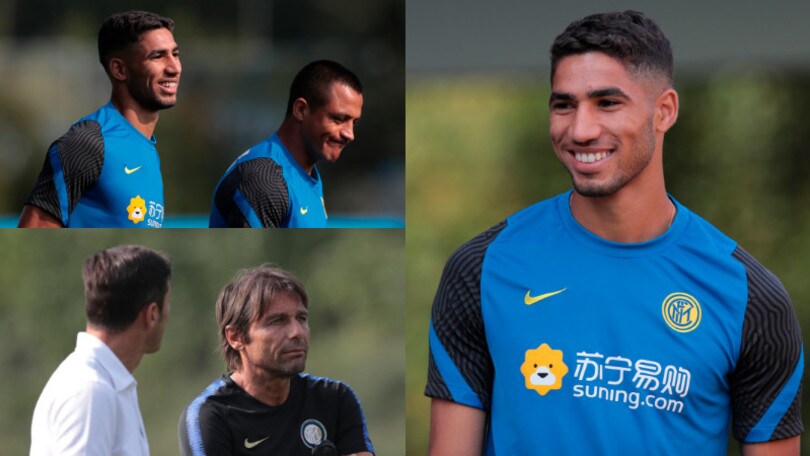 Javier Zanetti osserva l'Inter insieme a Conte. Hakimi sorridente