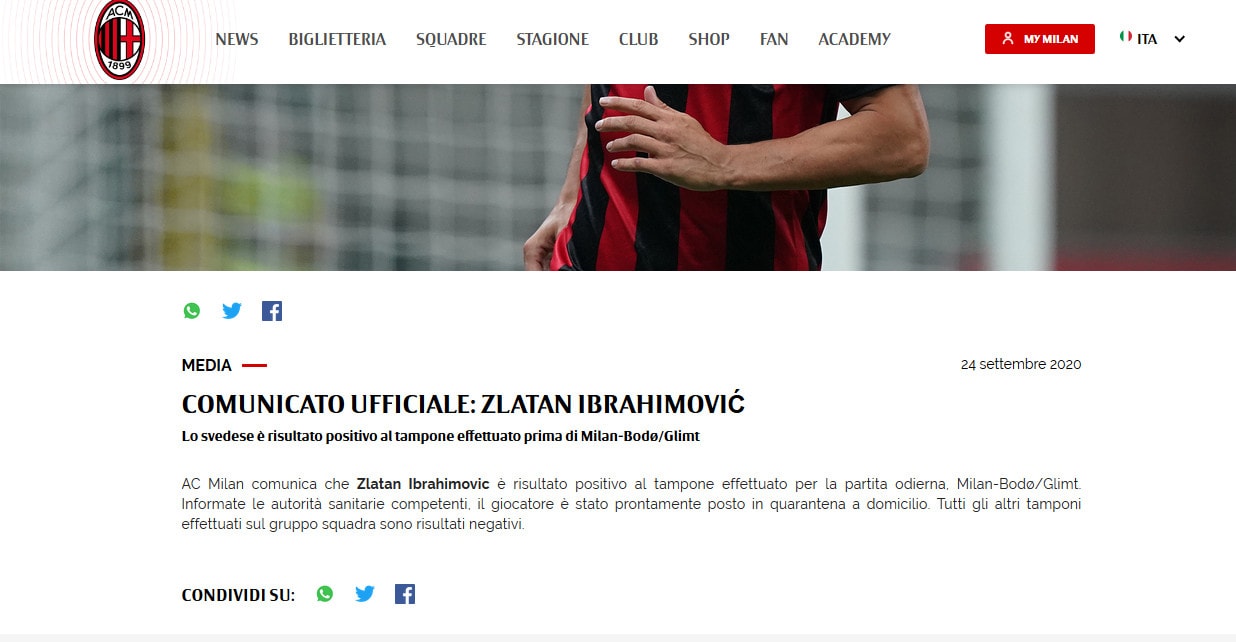 Milan, Ibrahimovic positivo al Covid-19