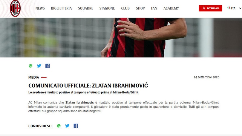Milan, Ibrahimovic positivo al Covid-19