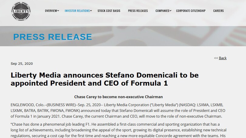 Stefano Domenicali nuovo presidente della Formula 1