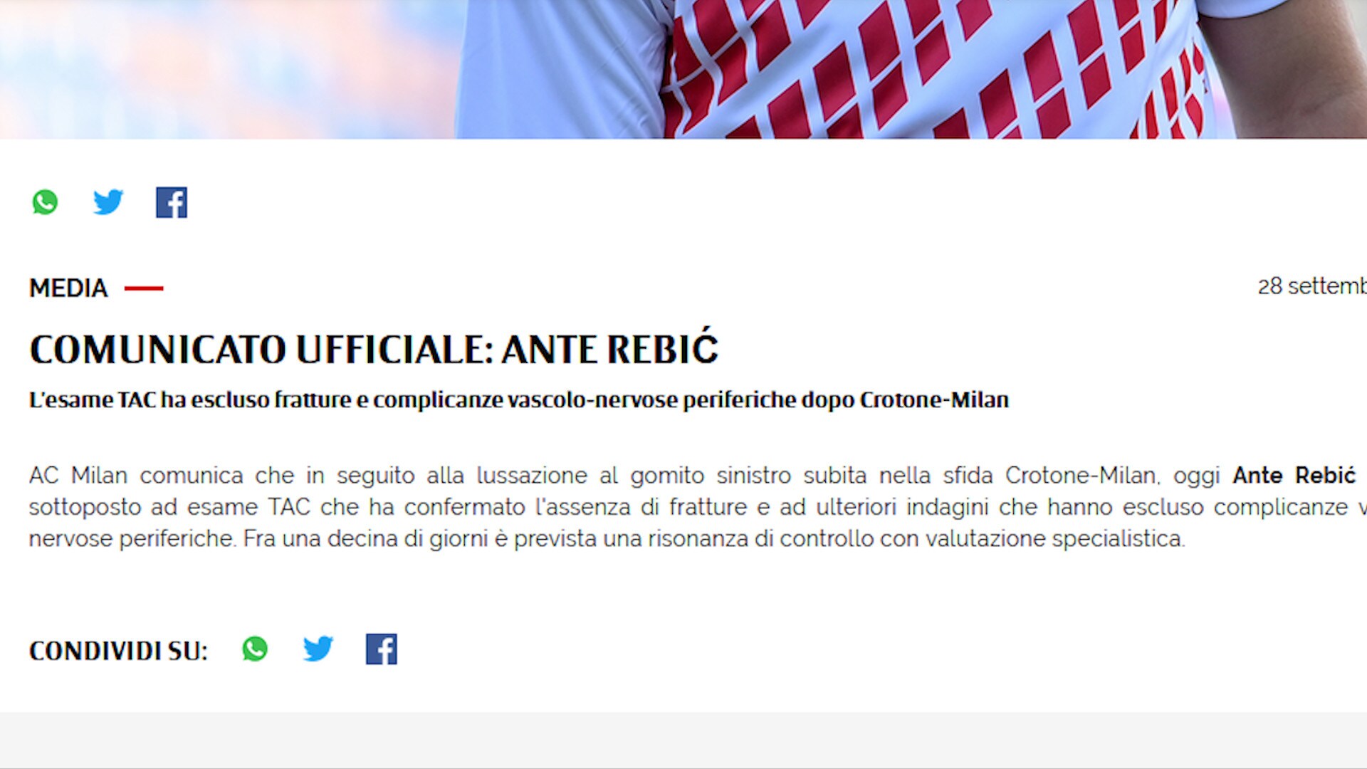 Milan, nessuna frattura al gomito per Rebic