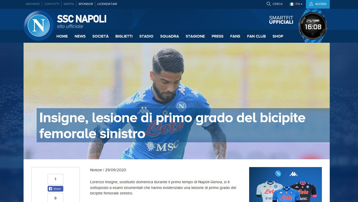 Napoli, infortunio Insigne: lesione di primo grado al bicipite femorale