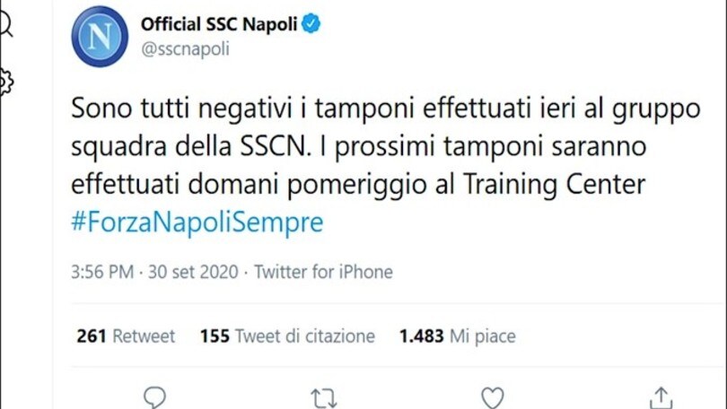 Napoli, tutti negativi i primi tamponi fatti alla squadra
