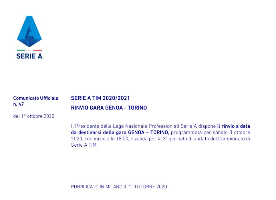 Serie A, Genoa-Torino rinviata